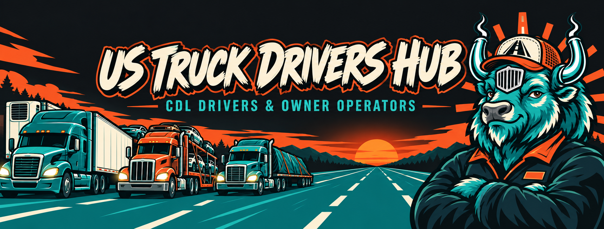 US Truck Drivers Hub cover: trucks on a highway at sunset and the Hub bison